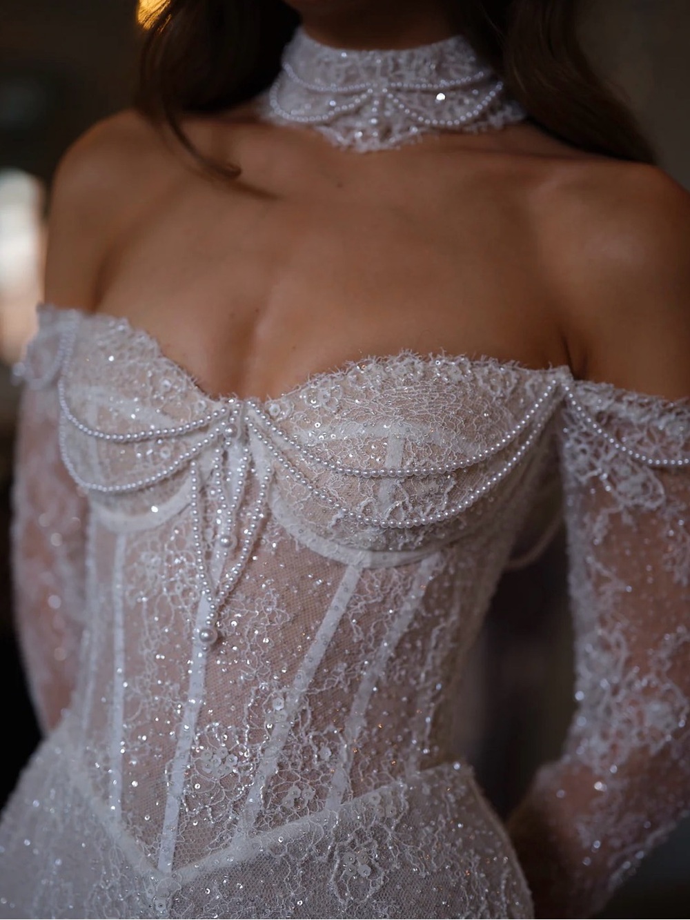 White Lace Off-Shoulder Corset Mini Dress with Choker - Picture 4 of 6